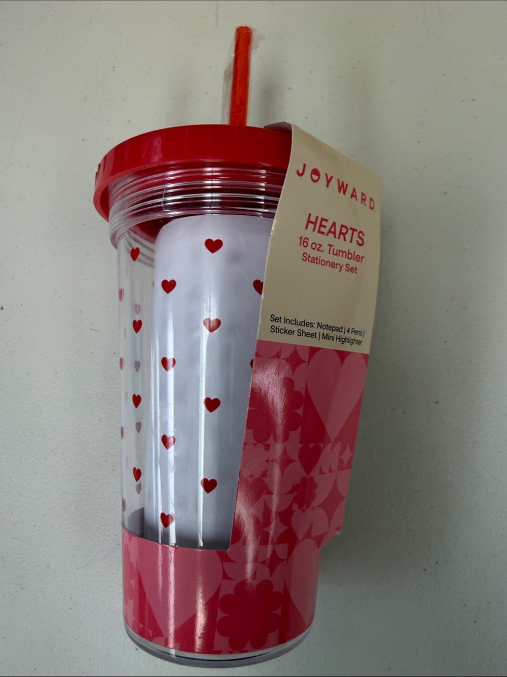 Joyward Red Hearts 16 oz Tumbler with Straw cute gift with stationary set new